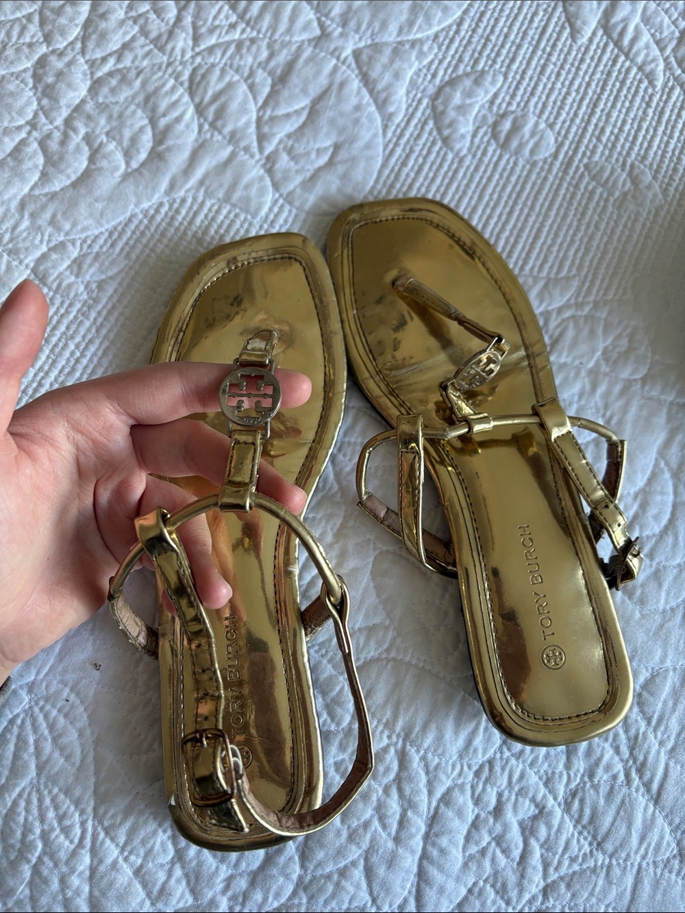 Tory Burch Metallic Gold Mirror Leather T-Strap Sandals